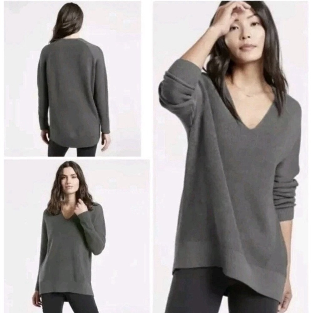 Athleta Women's Gray Hanover Ribbed V-Neck Wool Blend Tunic Sweater Minimal XXS